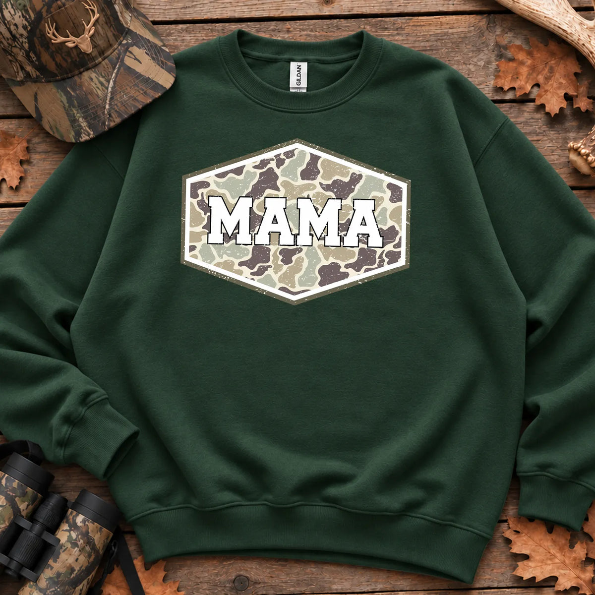 Camo Hunting Mama Badge Sweatshirt in Forest Green