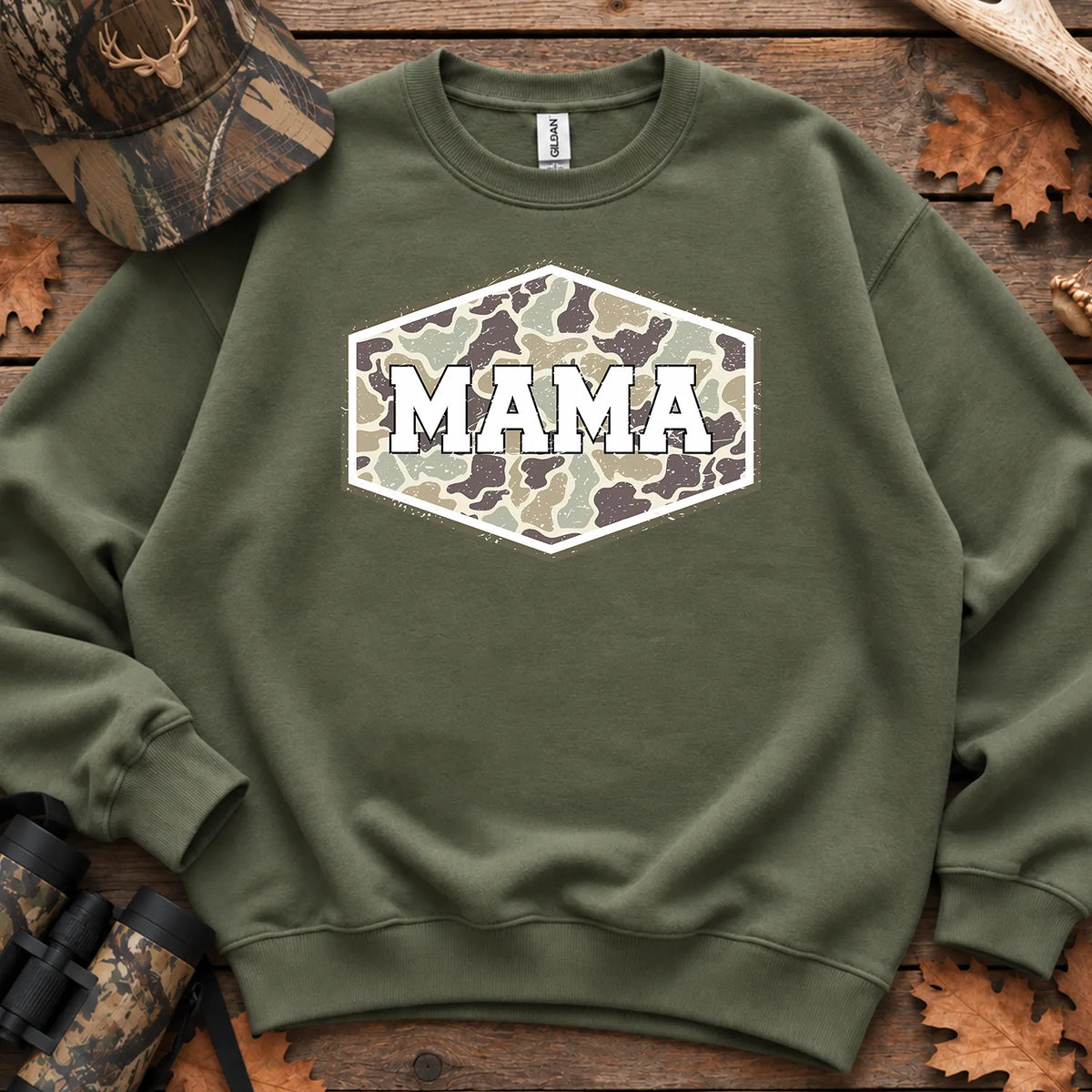 Camo Hunting Mama Badge Sweatshirt in Military Green