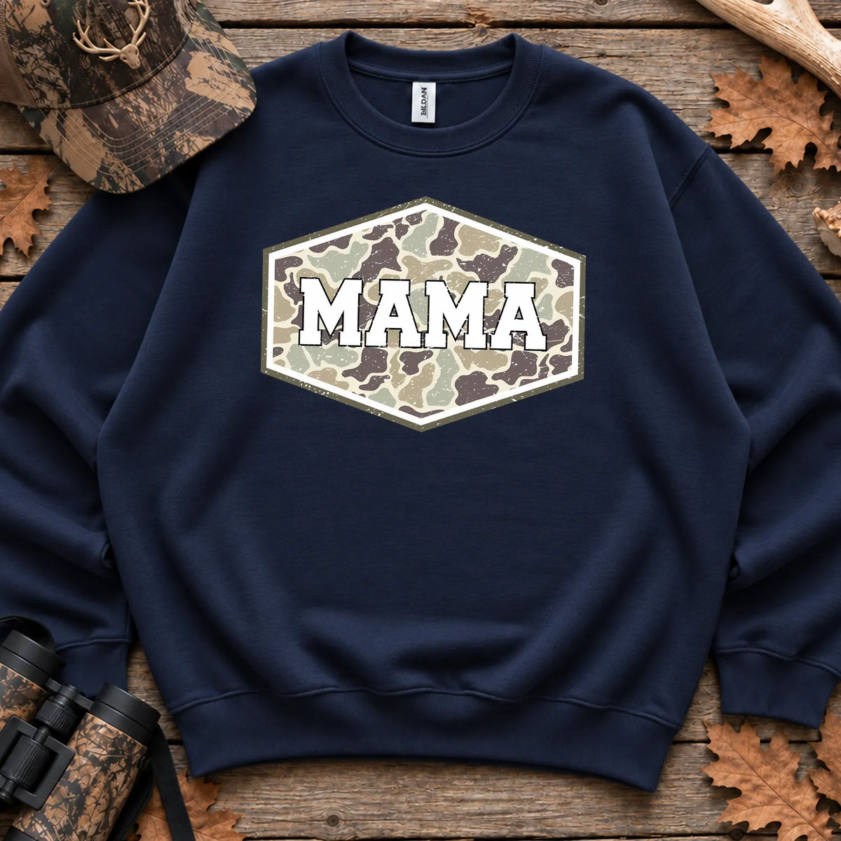 Camo Hunting Mama Badge Sweatshirt in Navy