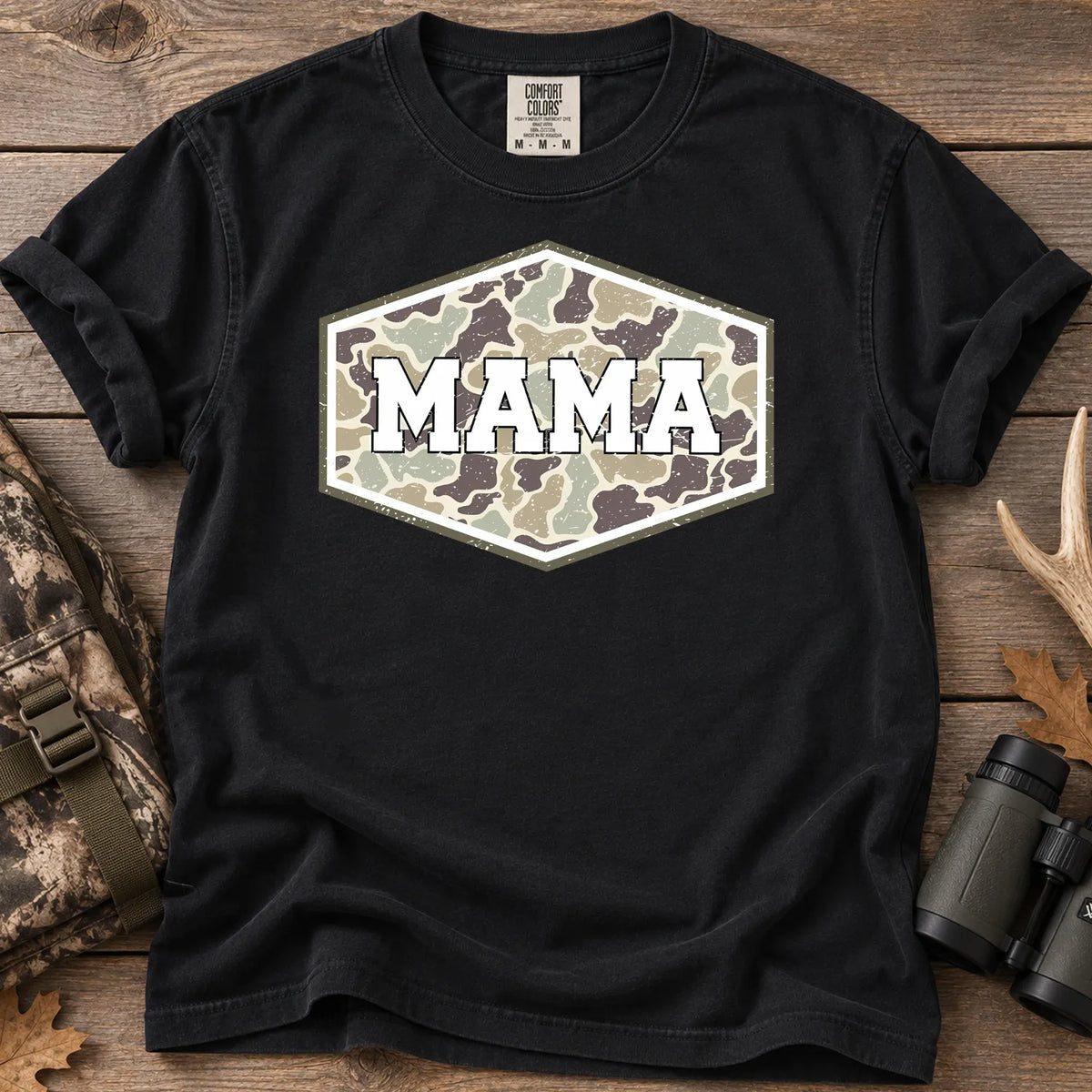 Camo Hunting Mama Badge T-Shirt in Black