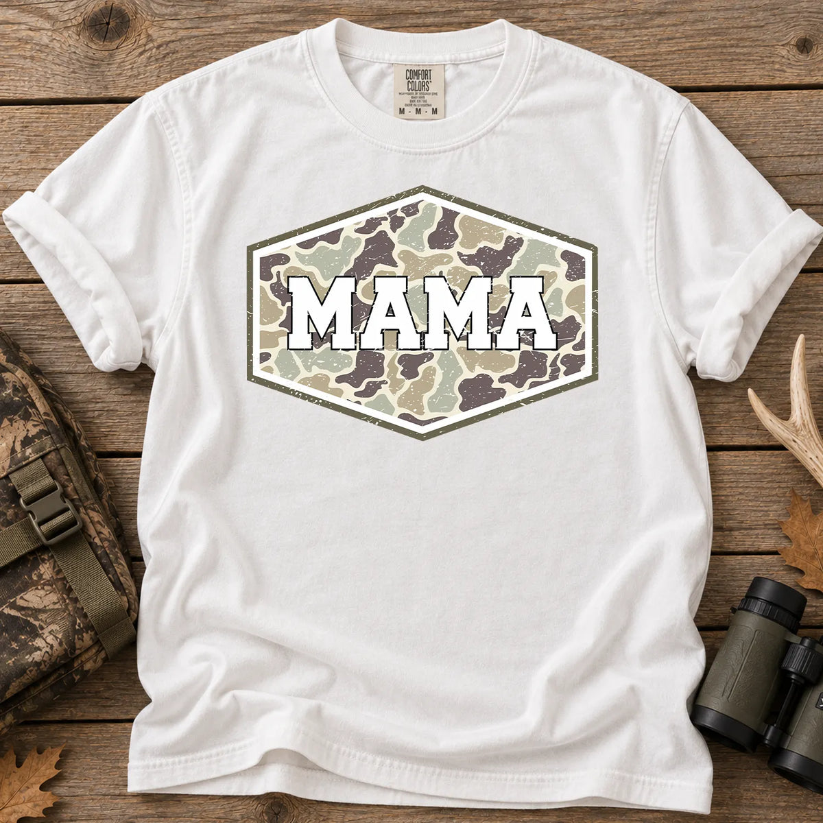 Camo Hunting Mama Badge T-Shirt in White