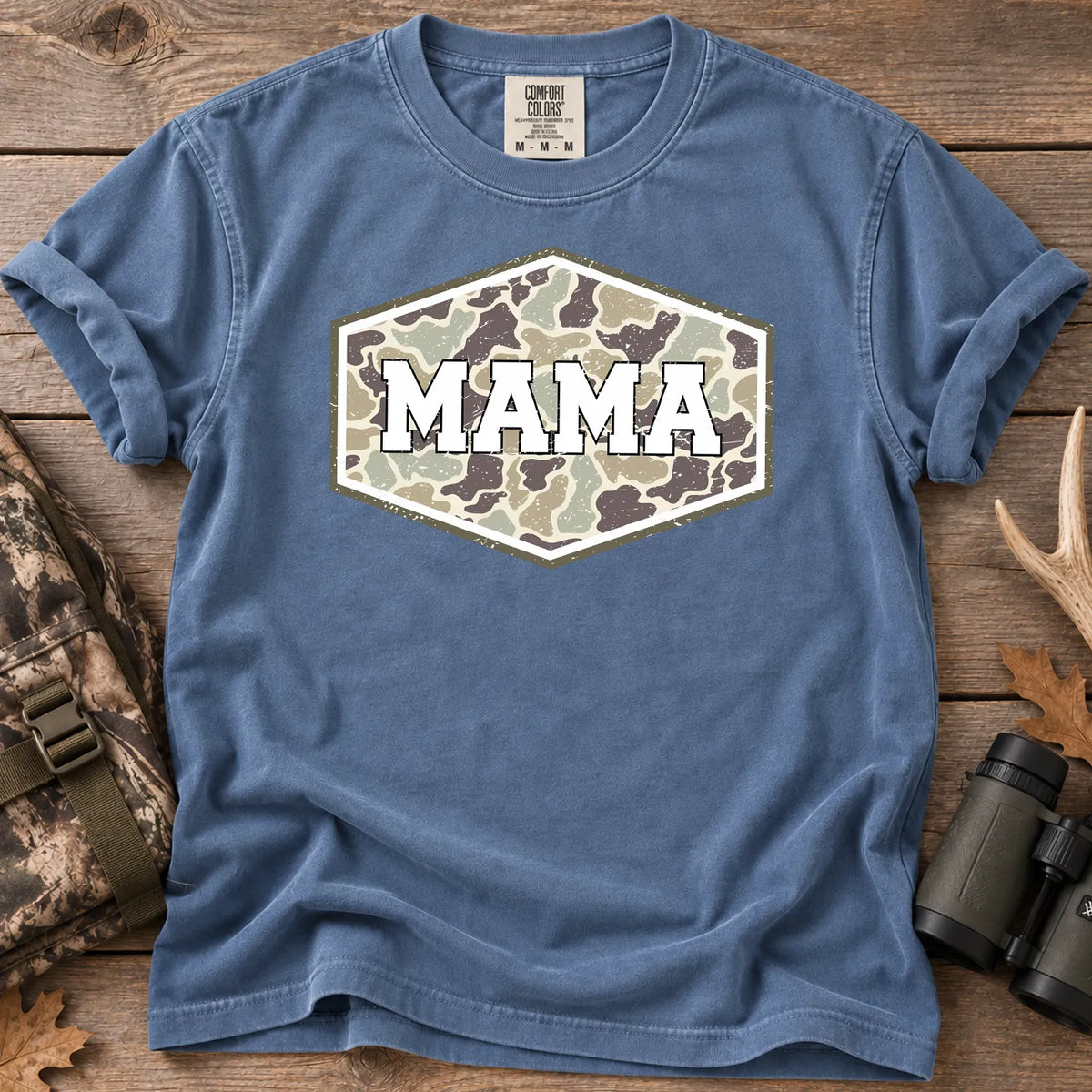 Camo Hunting Mama Badge T-Shirt in Blue Jean
