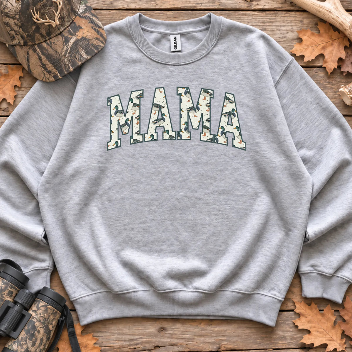 Camo Hunting Mama Block Text Sweatshirt in Sport Grey