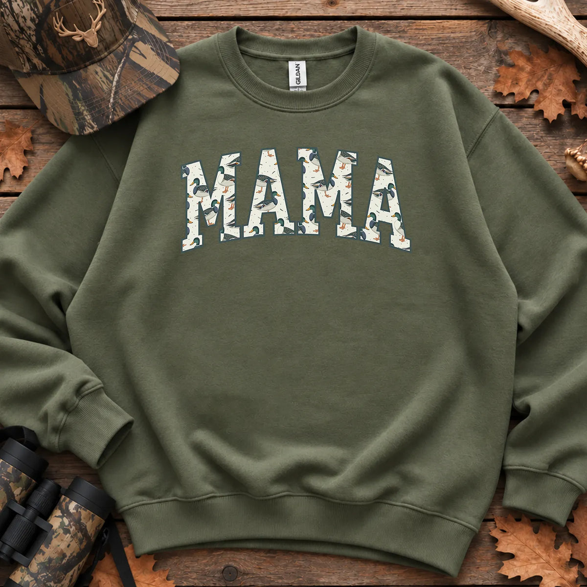 Camo Hunting Mama Block Text Sweatshirt in Military Green