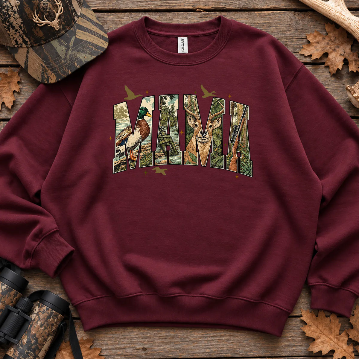 Camo Hunting Mama Sweatshirt in Maroon
