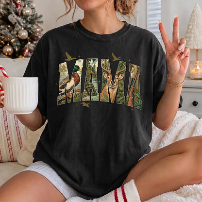 Camo Hunting Mama T-Shirt Women model in Black