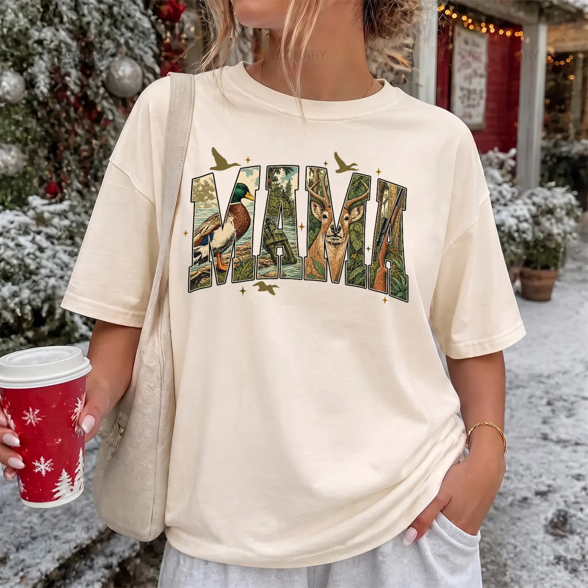 Camo Hunting Mama T-Shirt Women model in Ivory