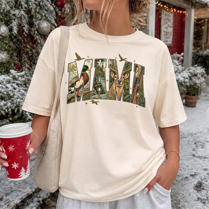 Camo Hunting Mama T-Shirt Women model in Ivory