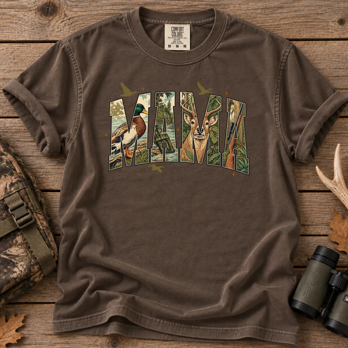 Camo Hunting Mama T-Shirt in Espresso