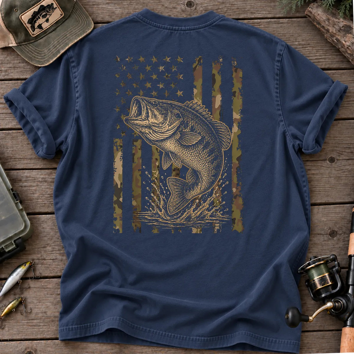 Camouflage American Flag Bass T-Shirt in True Navy