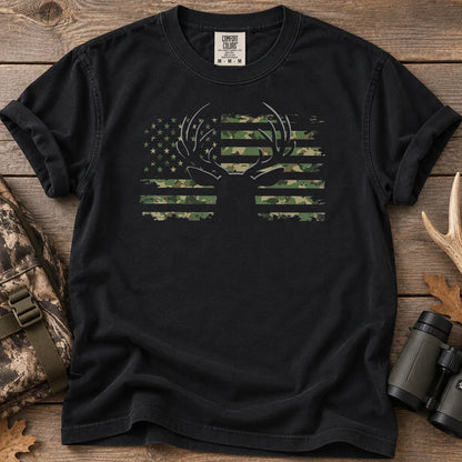 Camouflage American Flag Deer T-Shirt in Black