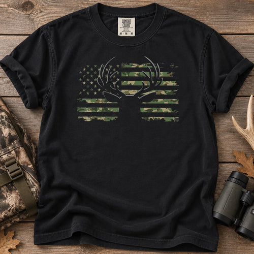 Camouflage American Flag Deer T-Shirt in Black