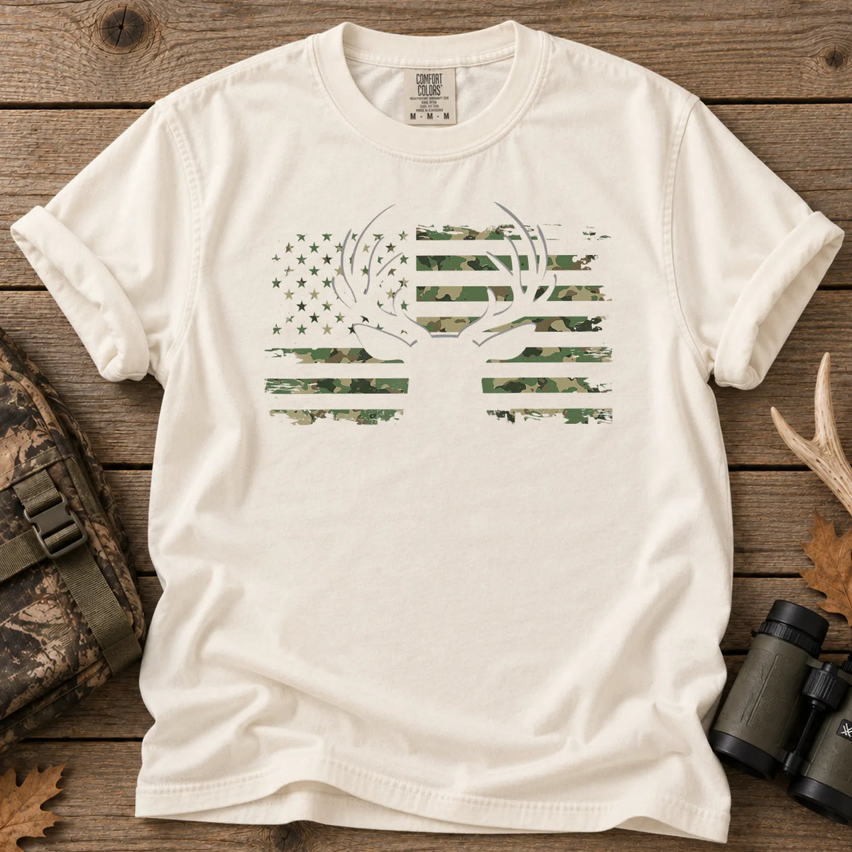 Camouflage American Flag Deer T-Shirt in Ivory