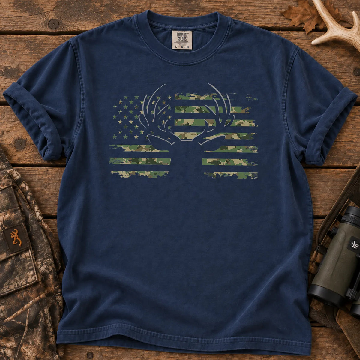 Camouflage American Flag Deer T-Shirt in True Navy
