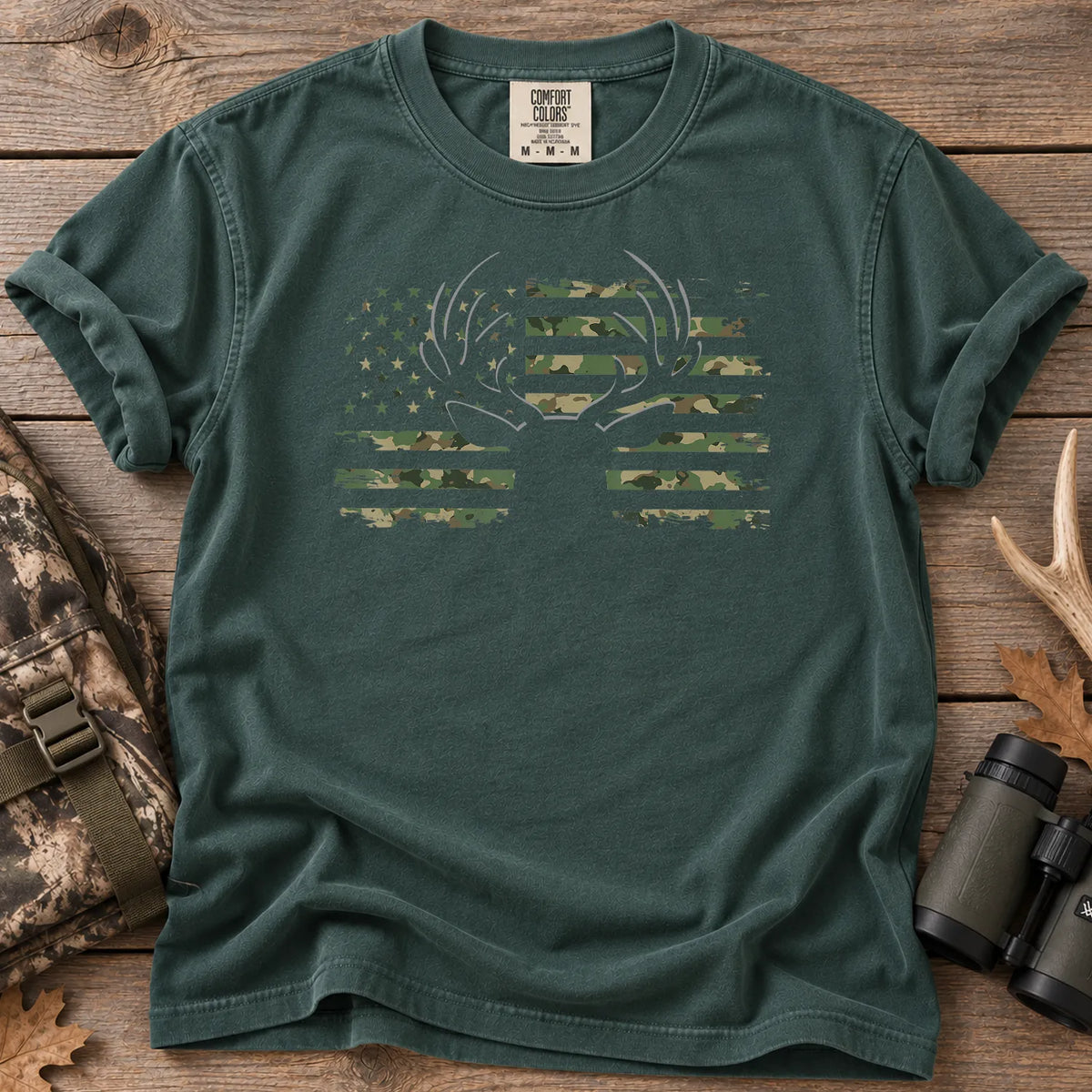 Camouflage American Flag Deer T-Shirt Blue Spruce - Front