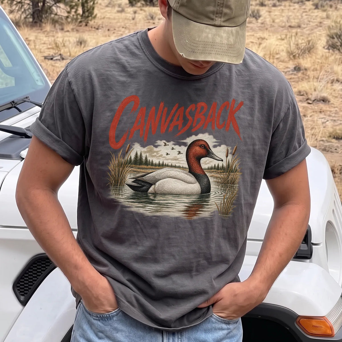 Canvasback Duck T-Shirt Men model in Pepper