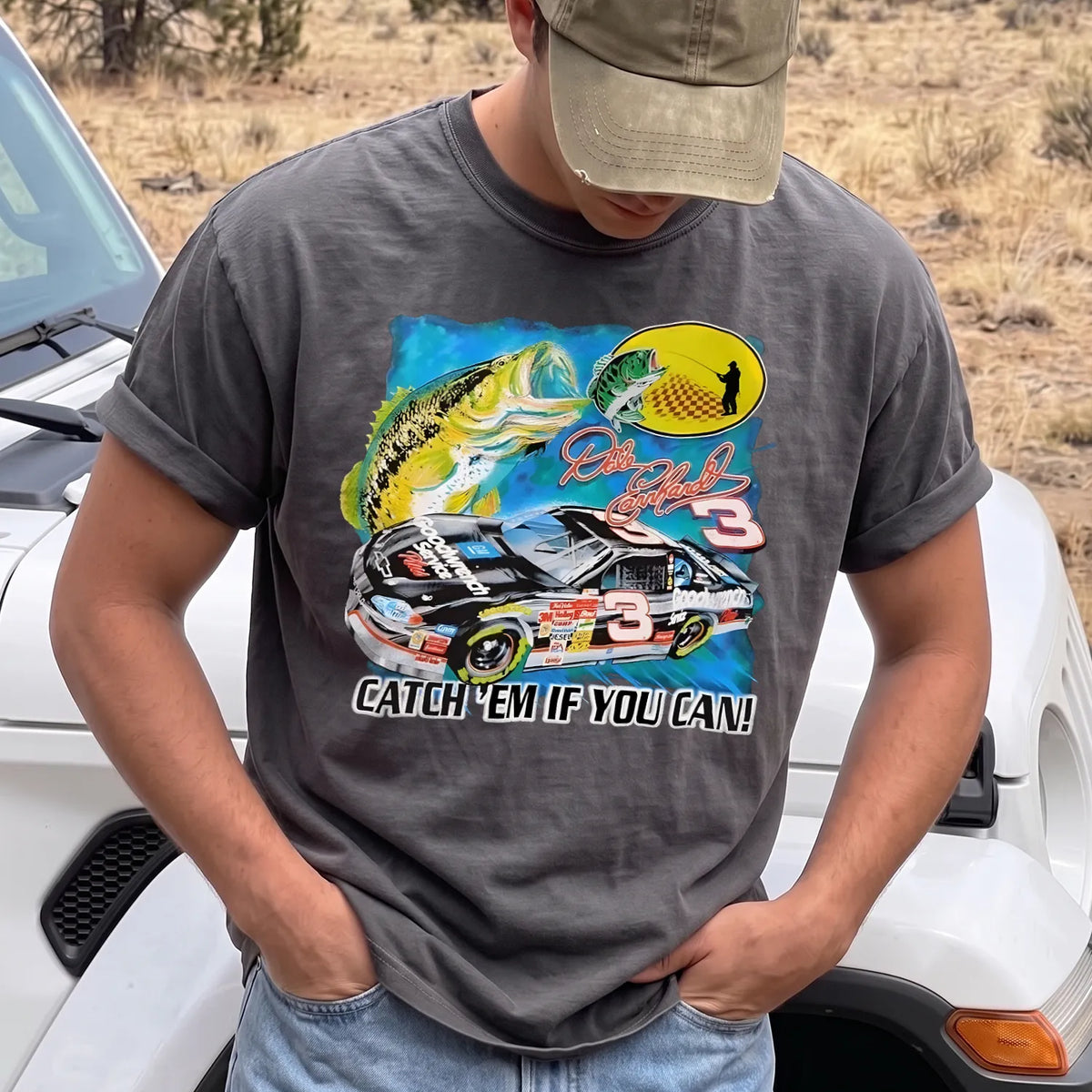 Catch Em If You Can T-Shirt Men model in Pepper