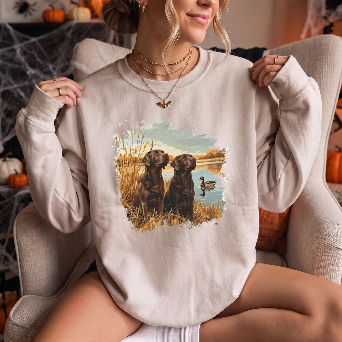 Chocolate Labs and Mallards Sweatshirt Women model in Sand