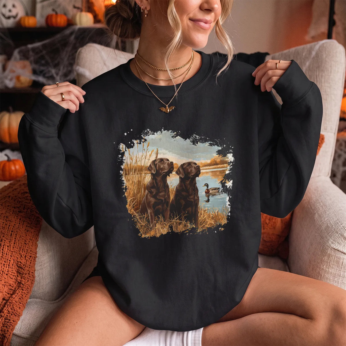 Chocolate Labs and Mallards Sweatshirt Women model in Black