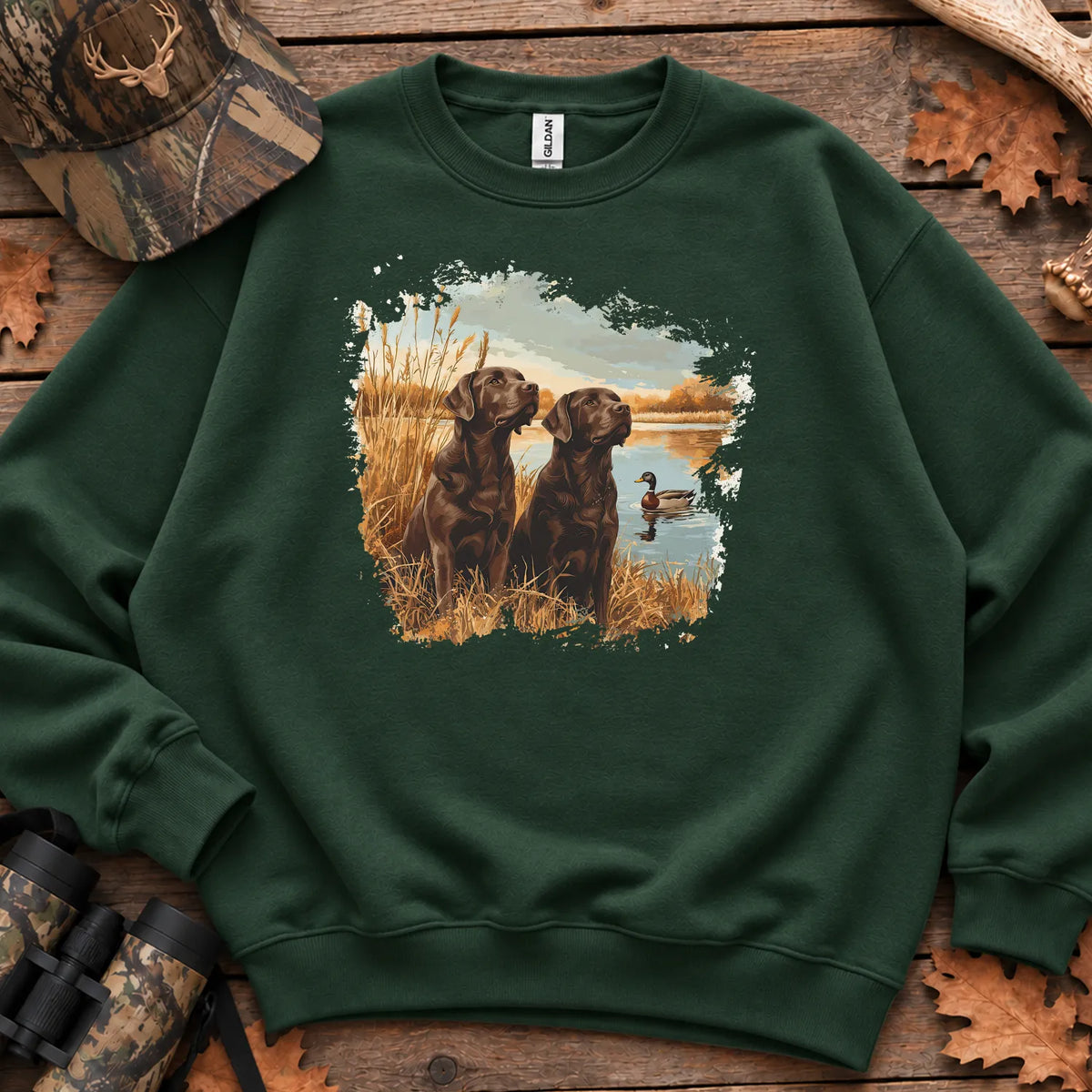 Chocolate Labs and Mallards Sweatshirt in Forest Green