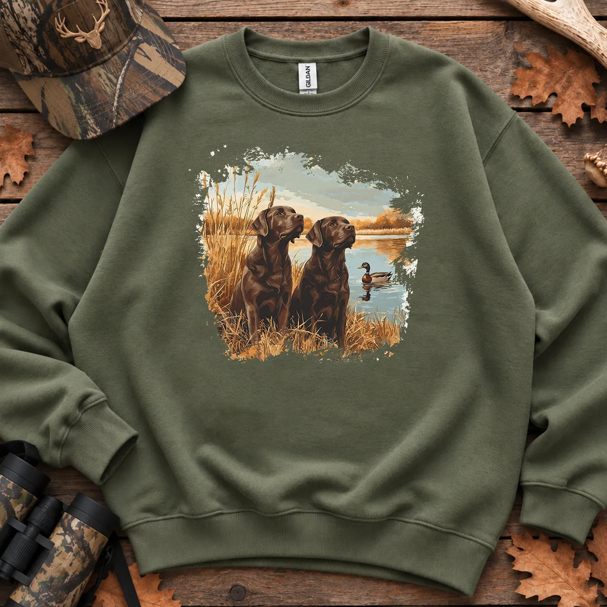 Chocolate Labs and Mallards Sweatshirt in Military Green