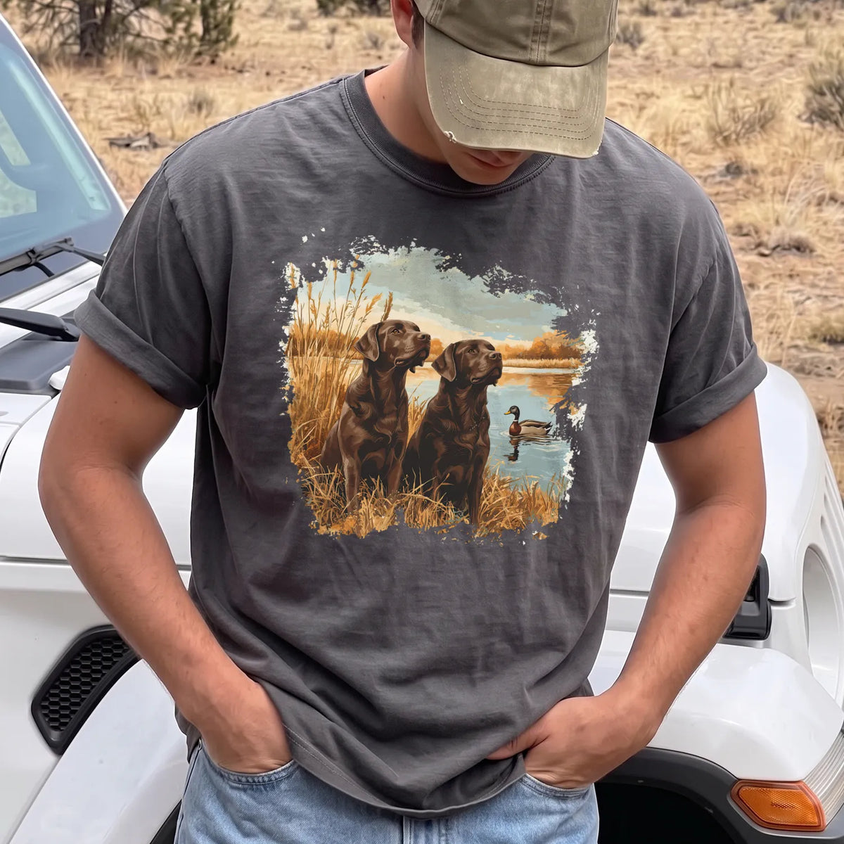 Chocolate Labs Mallard T-Shirt Men model in Pepper