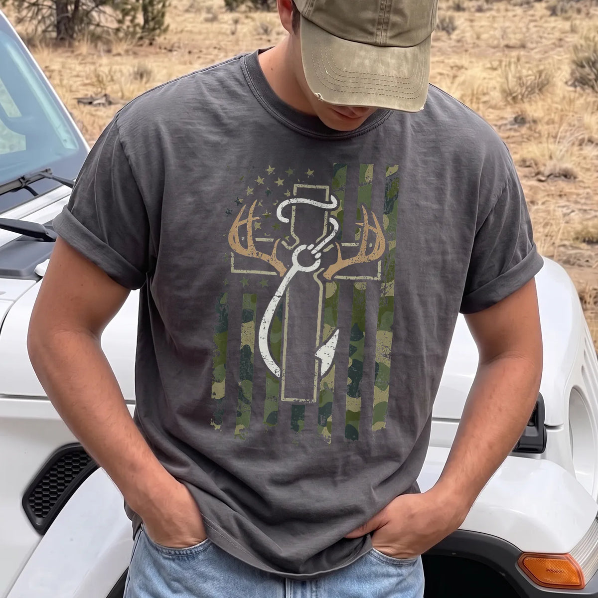 Christian Hunting and Fishing T-Shirt Men model in Pepper
