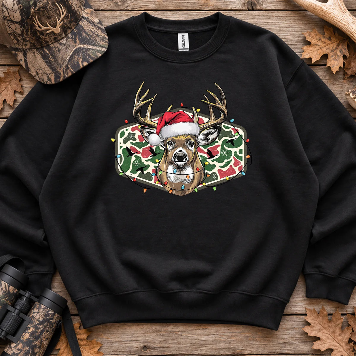 Christmas Camo Deer Bow Sweatshirt in Black