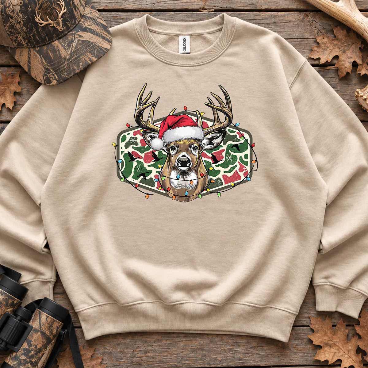 Christmas Camo Deer Bow Sweatshirt in Sand