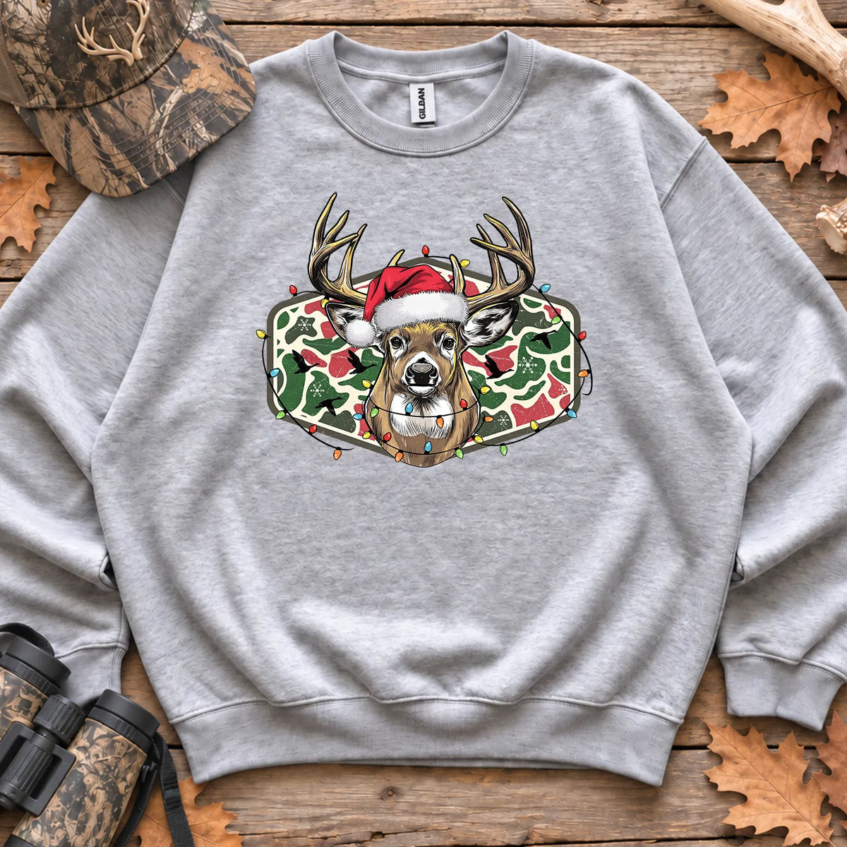 Christmas Camo Deer Bow Sweatshirt in Sport Grey