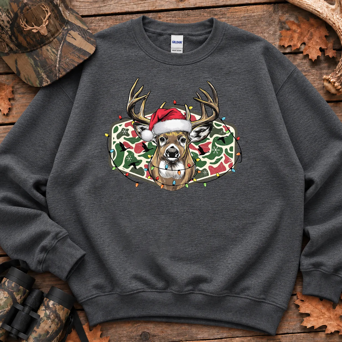 Christmas Camo Deer Bow Sweatshirt in Dark Heather