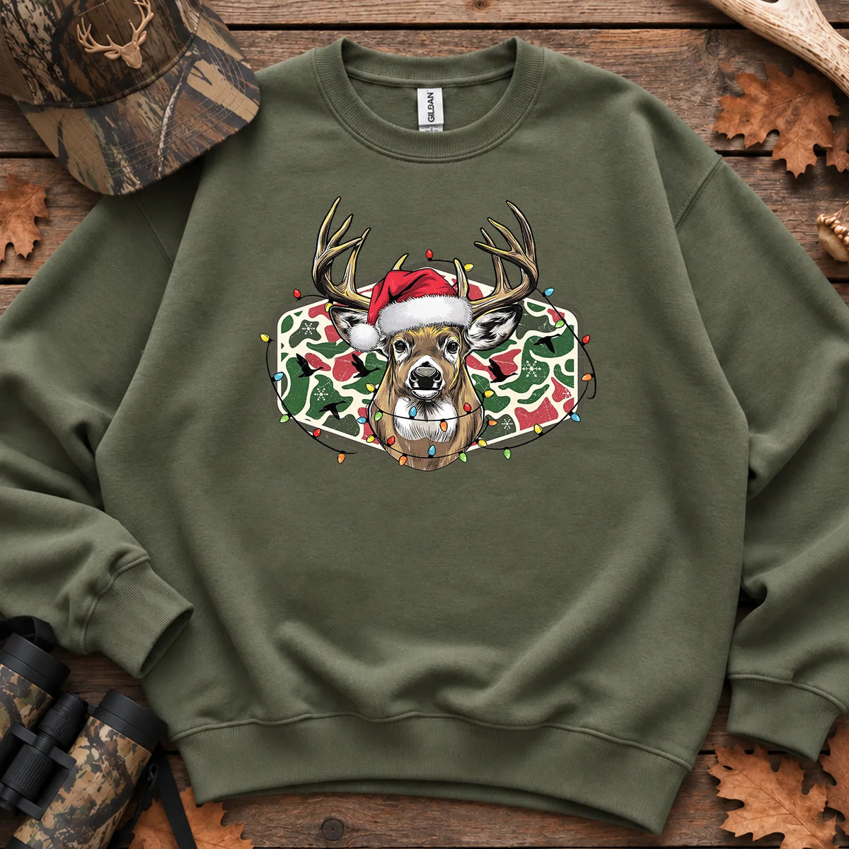 Christmas Camo Deer Bow Sweatshirt in Military Green