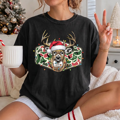 Christmas Deer Camo T-Shirt Women model in Black