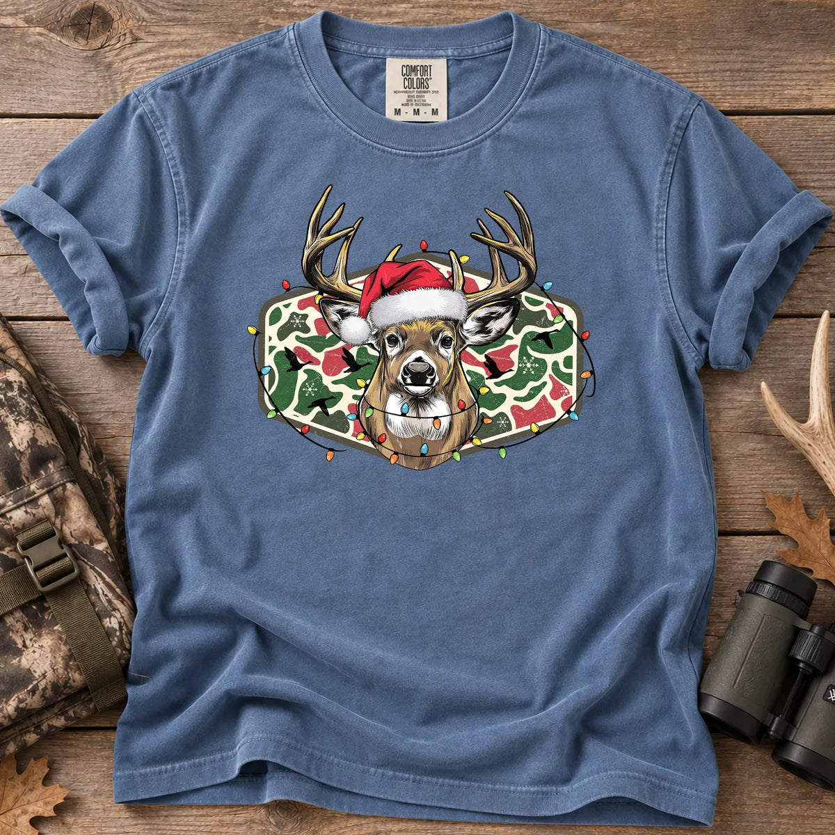 Christmas Deer Camo T-Shirt in Blue Jean