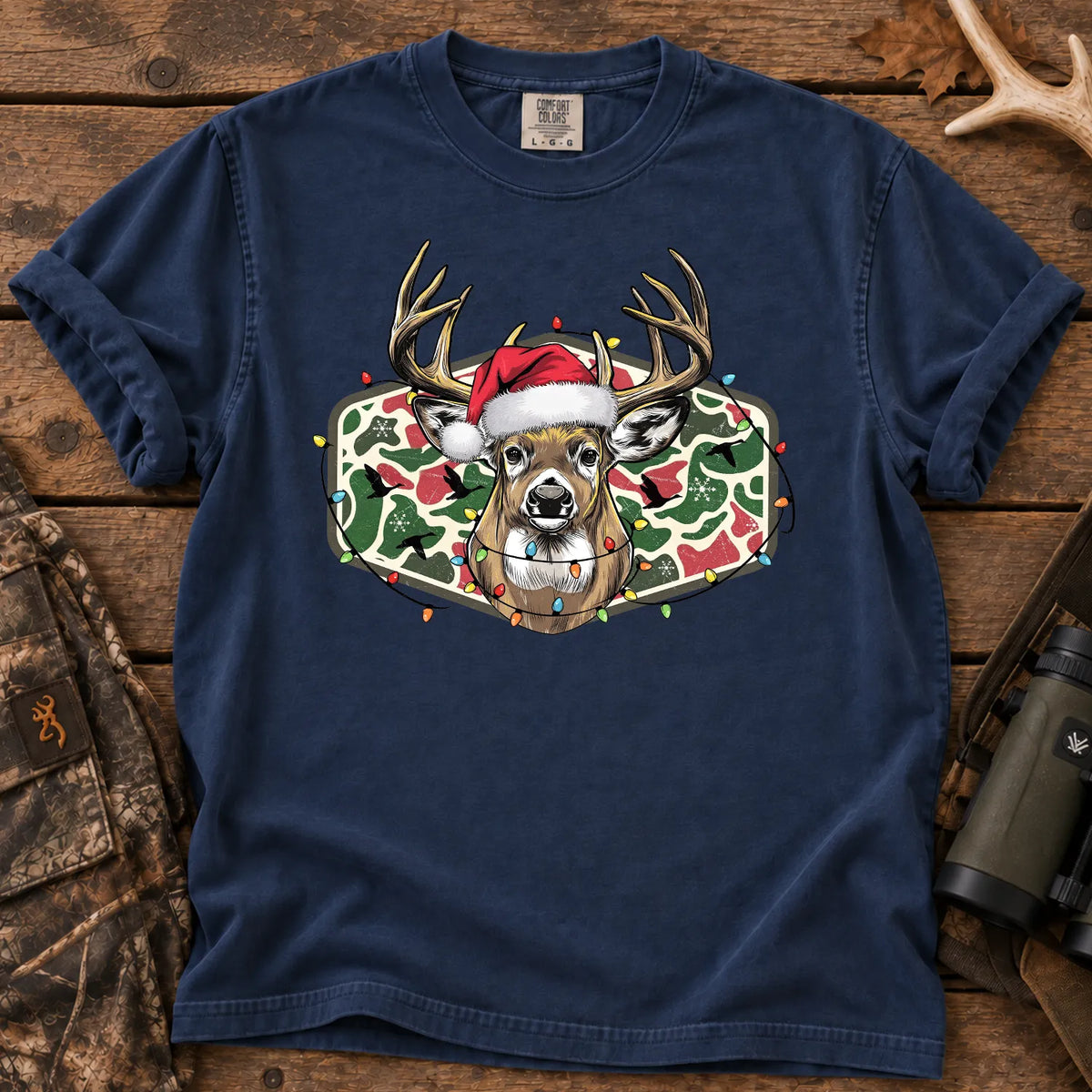Christmas Deer Camo T-Shirt in True Navy