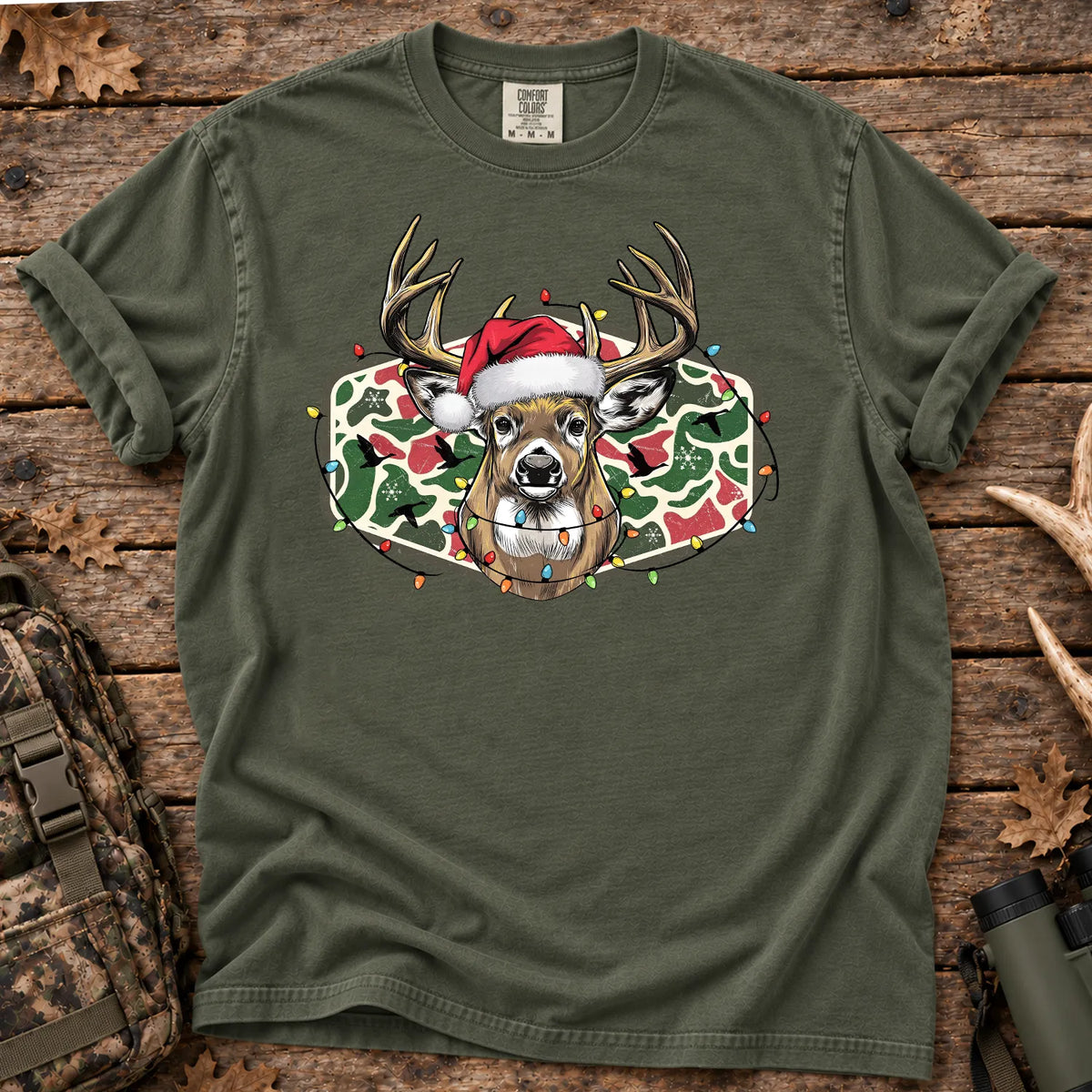 Christmas Deer Camo T-Shirt in Moss