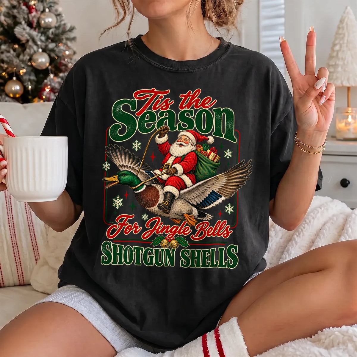 Christmas Duck Hunting T-Shirt Women model in Black