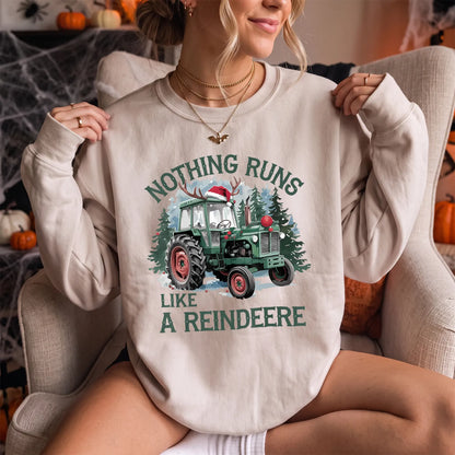 Christmas Tractor Reindeer Sweatshirt Women model in Sand