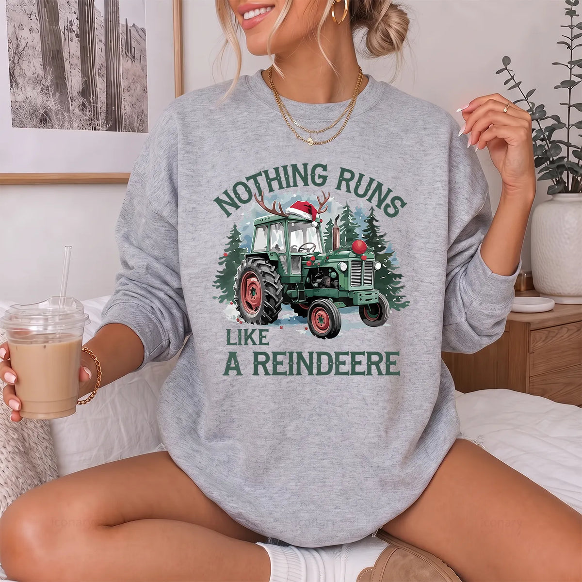 Christmas Tractor Reindeer Sweatshirt Women model in Sport Grey