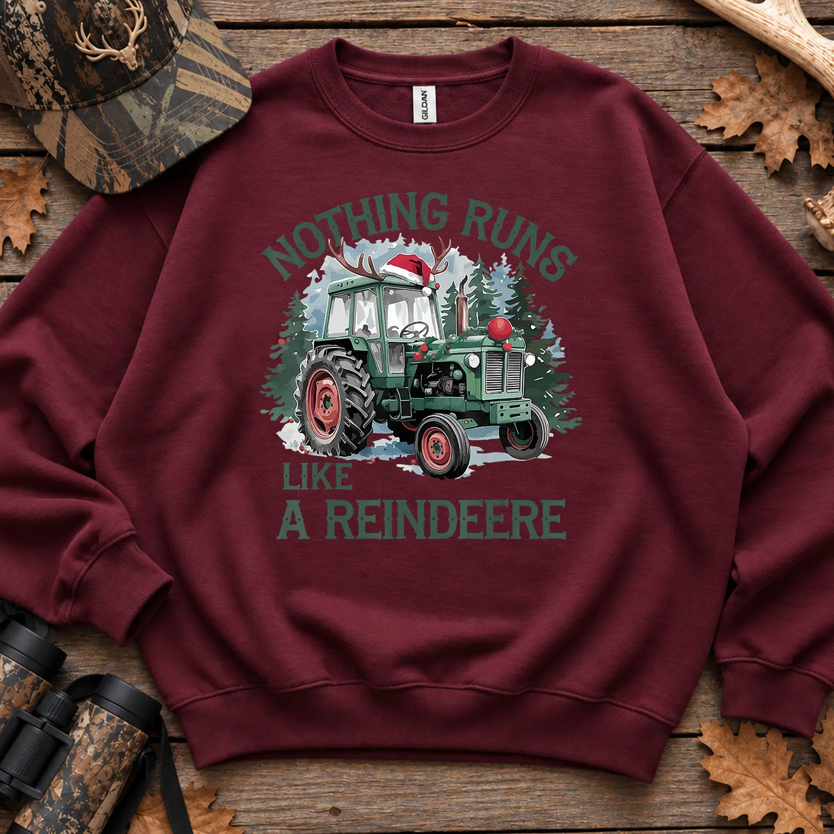Christmas Tractor Reindeer Sweatshirt in Maroon
