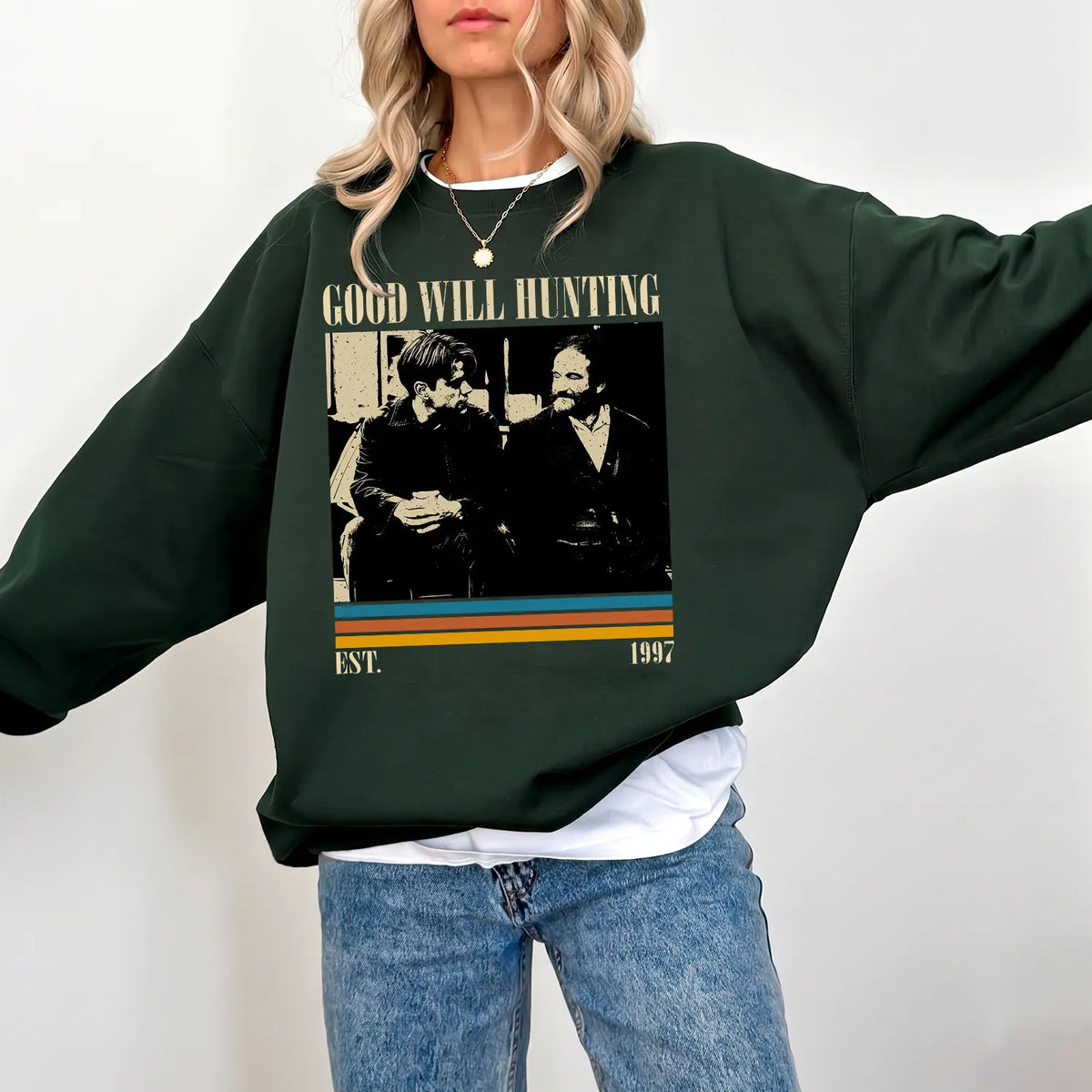 Classic Hunting Movie Parody Sweatshirt Women model in Forest Green