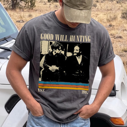 Classic Hunting Movie T-Shirt Men model in Pepper