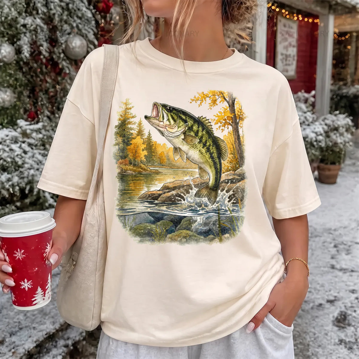 Classic Largemouth Bass T-Shirt Women model in Ivory