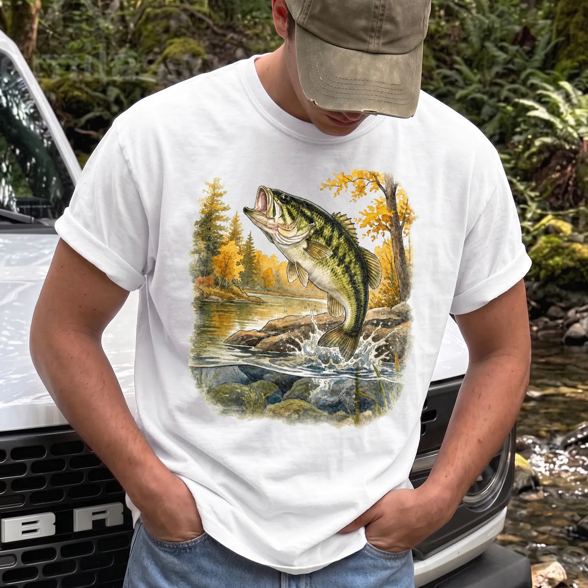 Classic Largemouth Bass T-Shirt Men model in White