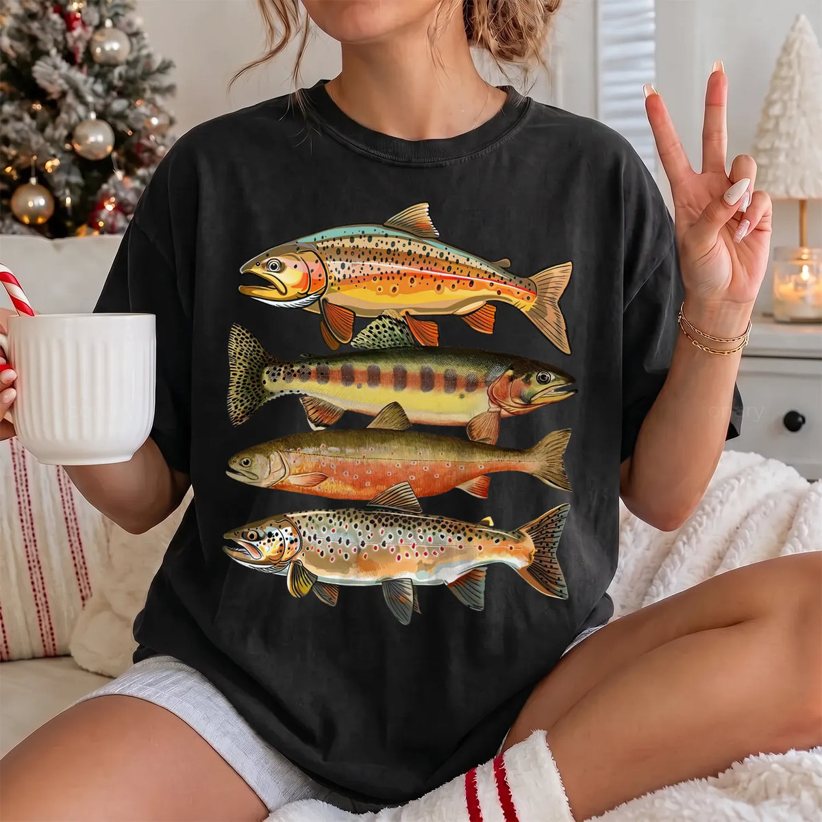 Colorful Trout Row T-Shirt Women model in Black