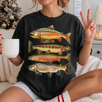 Colorful Trout Row T-Shirt Women model in Black