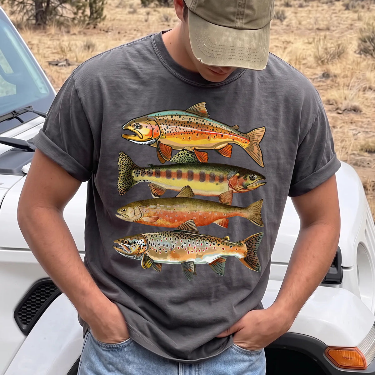Colorful Trout Row T-Shirt Men model in Pepper