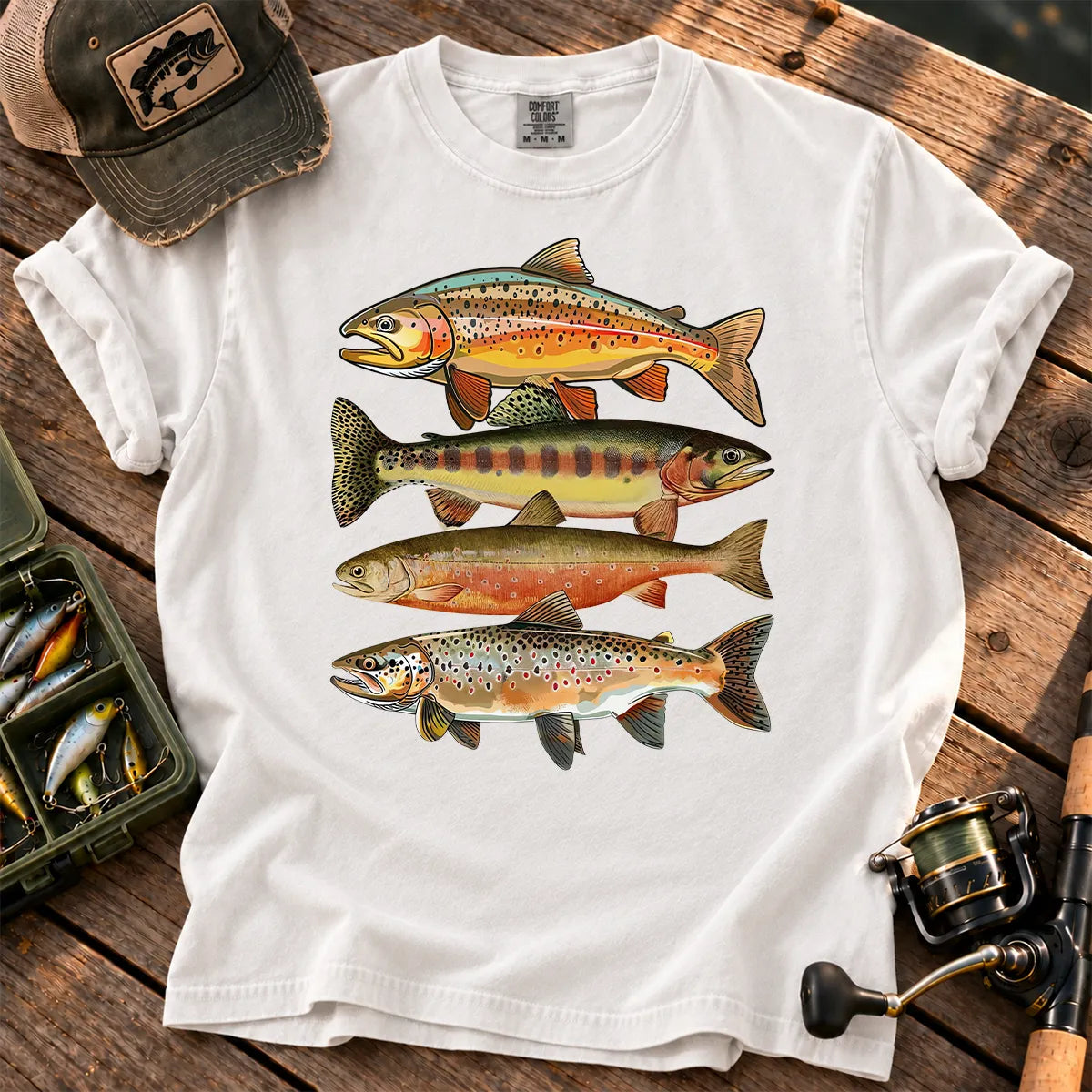 Colorful Trout Row T-Shirt in White