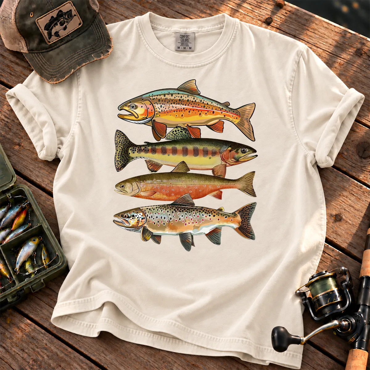 Colorful Trout Row T-Shirt in Ivory