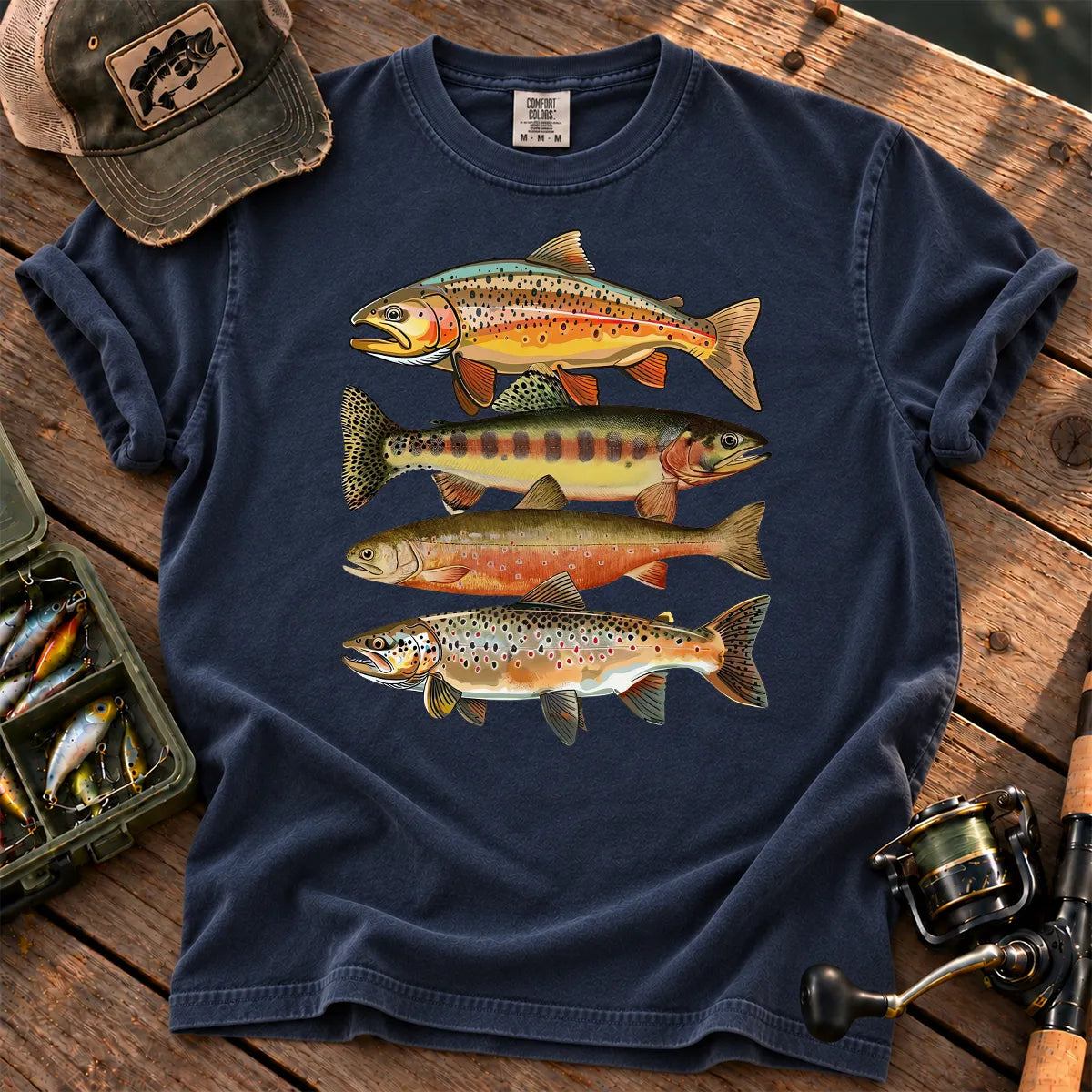 Colorful Trout Row T-Shirt in True Navy